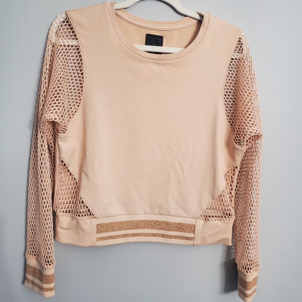 Lime And Vine Women's Beige Wide Mesh Sleeve Varsity Striped Top XS Small Flaw